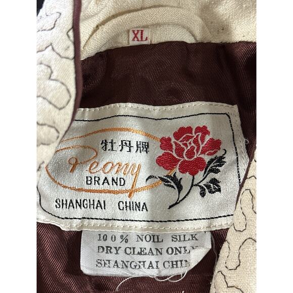 Peony Brand 100% Noil Silk Quilted Jacket XL Beige Floral Embroidered China - Picture 8 of 9
